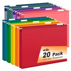 ViVin 20 Pack Letter Size Hanging File Folders with 20 Per Box, 1/5-Cut Adjustable Tabs, 1 Inch Expansion, Hanging Folders Designed for Office Bulky Files, Filing Cabinets(Multicolored)
