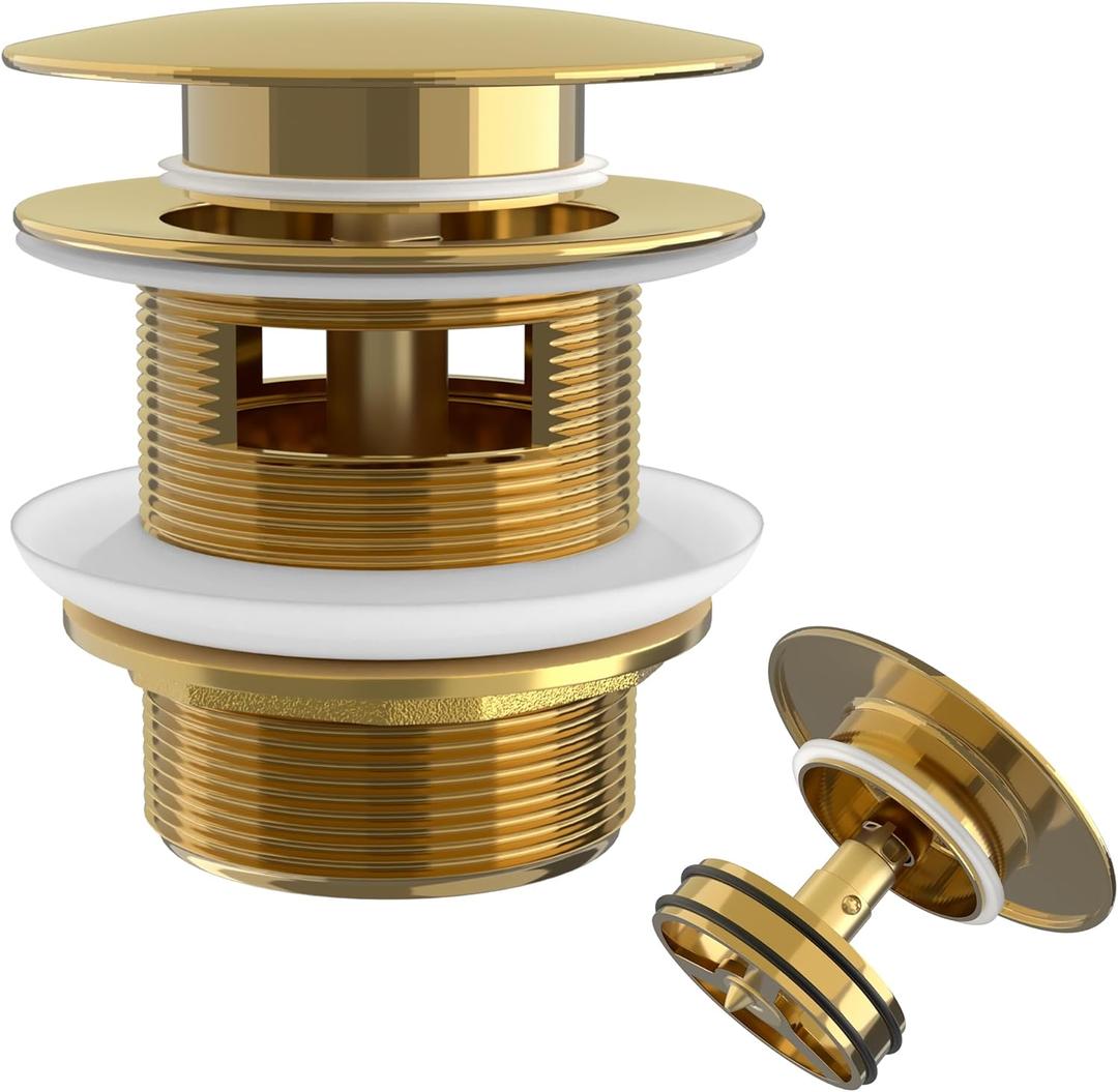 Free Standing Tub Drain Stand Alone Bathtub Drain with Removable Anti-Clogging Catcher Upgraded Pop Up Freestanding Tub Drain Watertight Stopper Polished Gold