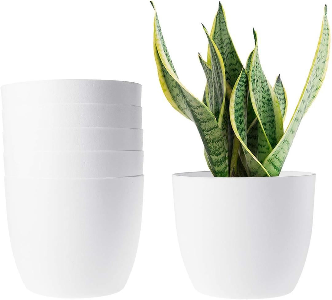 T4U 6 Inch Self Watering Planters Plastic Plant Pot, Modern Decorative Flower Pot/Window Box for All House Plants, Flowers, Herbs, African Violets, Succulents - White, Set of 6