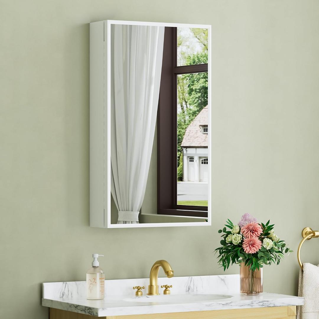 Buruis 15 x 26 in Framed Medicine Cabinet Mirror for Bathroom, White, 14 x 24 inch Single Door
