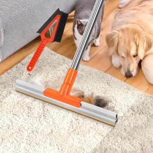 Upgrade-Carpet Rake for Pet Hair Removal 62'' Adjustable Long Handle Dog/Cat Hair Carpet Rake,Carpet Scraper for Rug Stairs Couch Furniture (Orange)