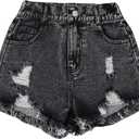 GORGLITTER Girl's Ripped Jean Shorts High Waist Straight Leg Denim Shorts Black Ripped 9Y
