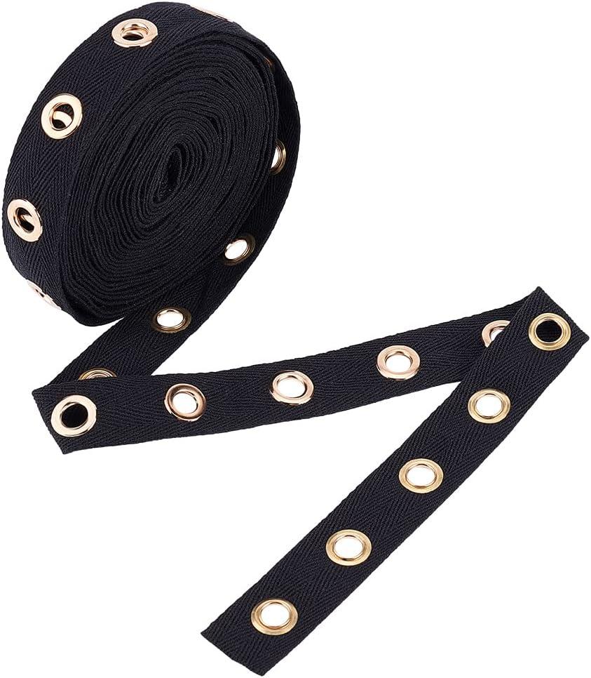 BENECREAT 6 Yards 1" Wide Black Cotton Grommet Eyelet Twill Tape Trim, 8mm Gold Metal Eyelet Ring Ribbon Strip for Sewing Crafts Making