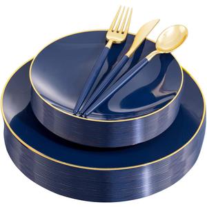Liacere 150PCS Blue Plastic Plates - Gold Plastic Silverware with Blue Handle - Navy Disposable Plates Include 30 Guests Plates,Forks,Spoons,Knives for Wedding&Party&Back to School&Labor Day (Round)