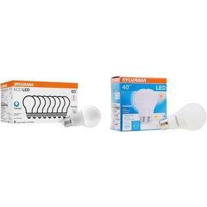 Sylvania ECO LED A19 Light Bulb, 60W Equivalent, Daylight - 8 Pack (40883) & Sylvania LED Light Bulb, 40W Equivalent A19, Efficient 6W, Medium Base, 450 Lumens,2 Count (Pack of 1)