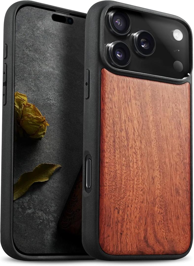 Carveit Magnetic Wooden Case for iPhone 17 Pro Max Case, Wood Artisan Engraved & Black Soft TPU Shockproof Cover, Compatible with MagSafe Wireless Chargers (Natural Grain) Rosy