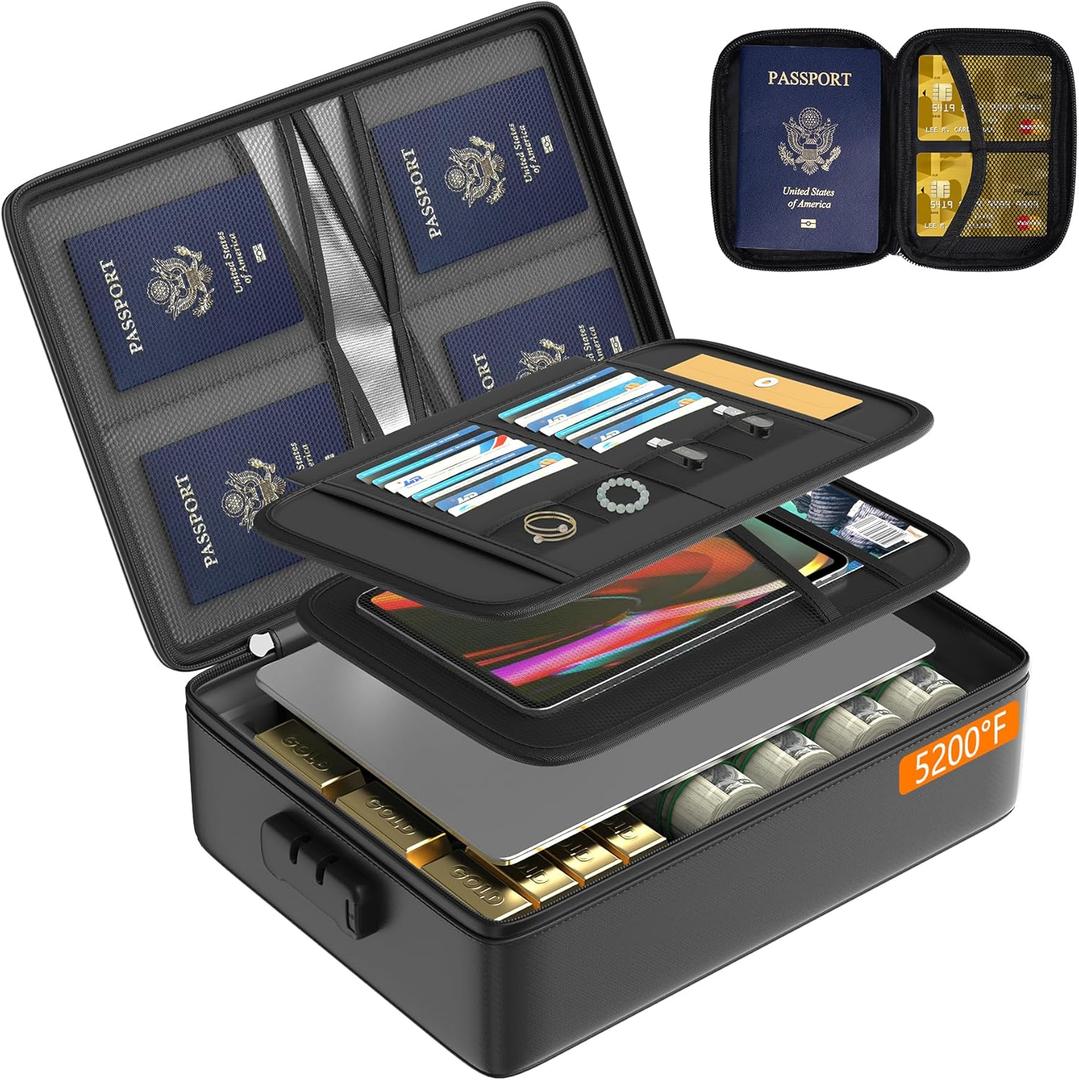 Grothery 5200F Fireproof Document Organizer with Lock Fireproof & Waterproof File Organizer Box 8 Layer Heat Insulated Aluminum Foil Important Document Box Fire Proof Passport Travel Doc Holder Black