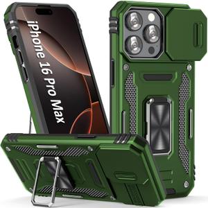 Phone Case for 16 Pro Max Case iPhone 16 Pro Max Phone Case with Camera Lens Cover, with Ring Holder Kickstand, fit Magnet Car Mount, for iPhone 16 ProMax (Olive Green)