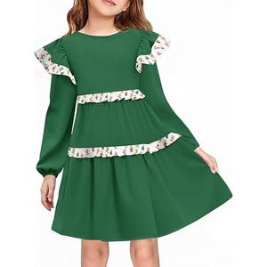 Haloumoning Girls Long Sleeve Dress Kids Ruffle Babydoll Dress Casual Party Swing Dresses 5-14 Years (Green,160)