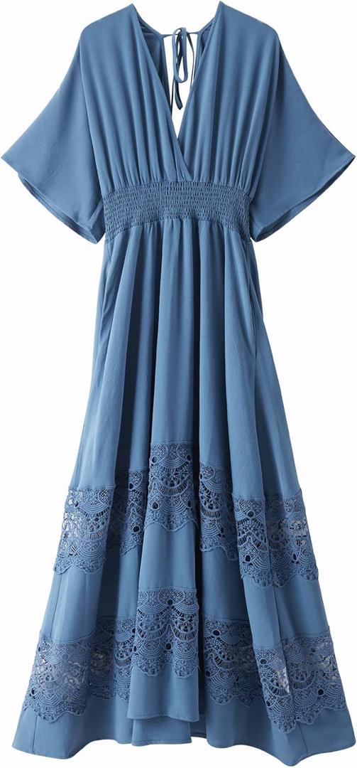 Women's Lace Maxi Dress Short Sleeve V Neck Party Dress Smocked Waist Boho Maxi Dress Bohemian Dress for Women (Blue) XL