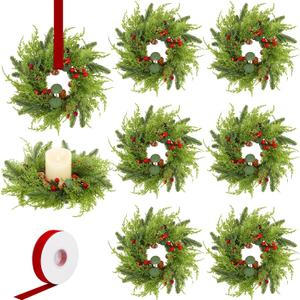 Aneco 8 Pieces Christmas Candle Rings Wreath with Ribbon 8.7 Inch Wreath Holder Pillar Candlestick Norfolk Pine Garland Artificial Red Berries Branch Pinecones Wreaths for Xmas Table Centerpiece