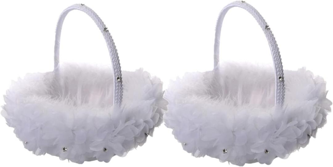 2PCS Wedding Flower Girl Baskets,Cute Handle Flower Girl Basket White Flower Basket for Wedding Decoration (Lace)
