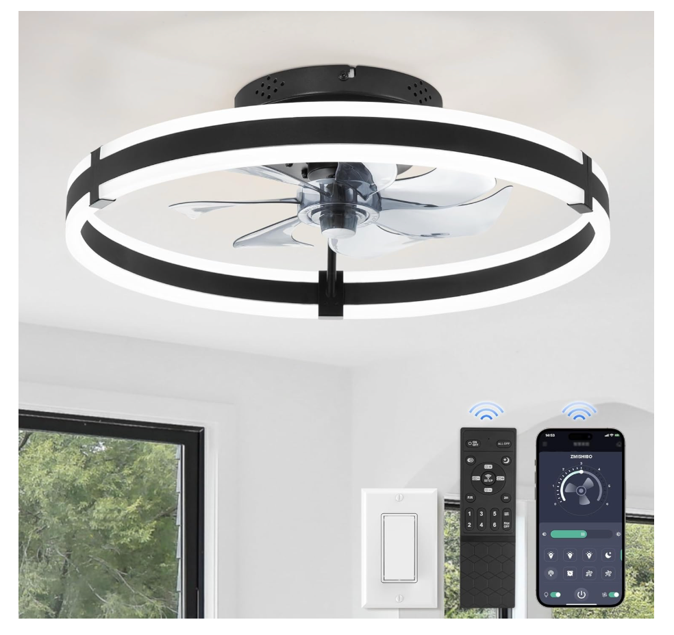 ZMISHIBO Ceiling Fans with Lights and Remote, 19.7'' Low Profile Ceiling Fan, 30006000K Dimmable Modern Flush Mount LED Fan Light, 6 Wind Speeds, Black Fandelier Ceiling Fans for Bedroom