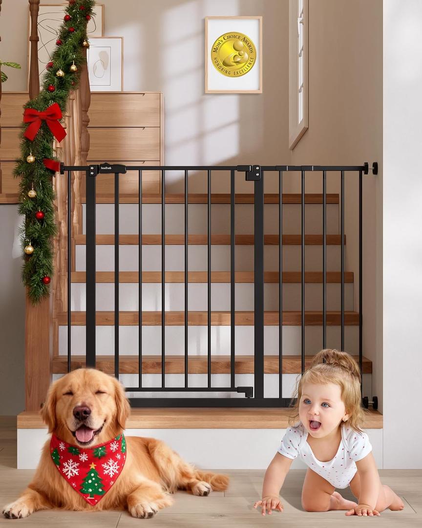 InnoTruth 29.540.75" Baby Gate for Stairs, 30" Tall Dog Gates for Doorways & Hallways, Safety Gate for Kids & Pets, Pressure-Mounted Walk-Through with Dual Lock & 2-Way Swing, Black