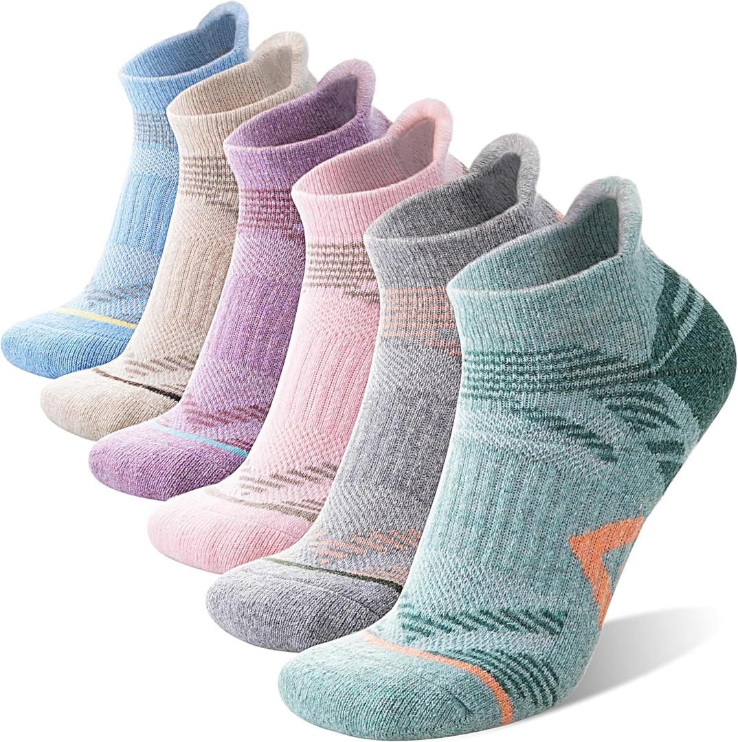 ANTSANG 6 Pairs Merino Wool Ankle Hiking Running Socks Compression Thick Cushion Breathable No Show Socks for Men Women (Large, Beige/Purple/Light Pink/Green/Grey/Blue)