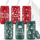 Jingmore 6 Pack 16 oz Christmas Gifts Bulk Glass Cups with Lids and Straws Red and Green Snowflake Elk Star Christmas Tree Drinking Glass Cups Iced Coffee Hot Cold Drinks for Xmas Party Supplies