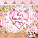 Feliz Dia De Las Madres Backdrop Happy Mother's Day Pink Tulip Photo Background Flowers Heart Pink White Stripe Spanish Feliz Dia Mama Girl Woman Birthday Party Decor Banner Photo Props (8x6FT)