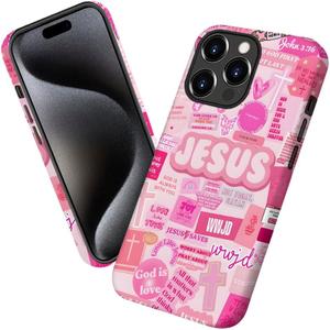 Case for iPhone 15 Pro,Pink Jesus Quotes Collage Phone Case Military-Grade Drop Protection Cover for Women Girl - Frosted