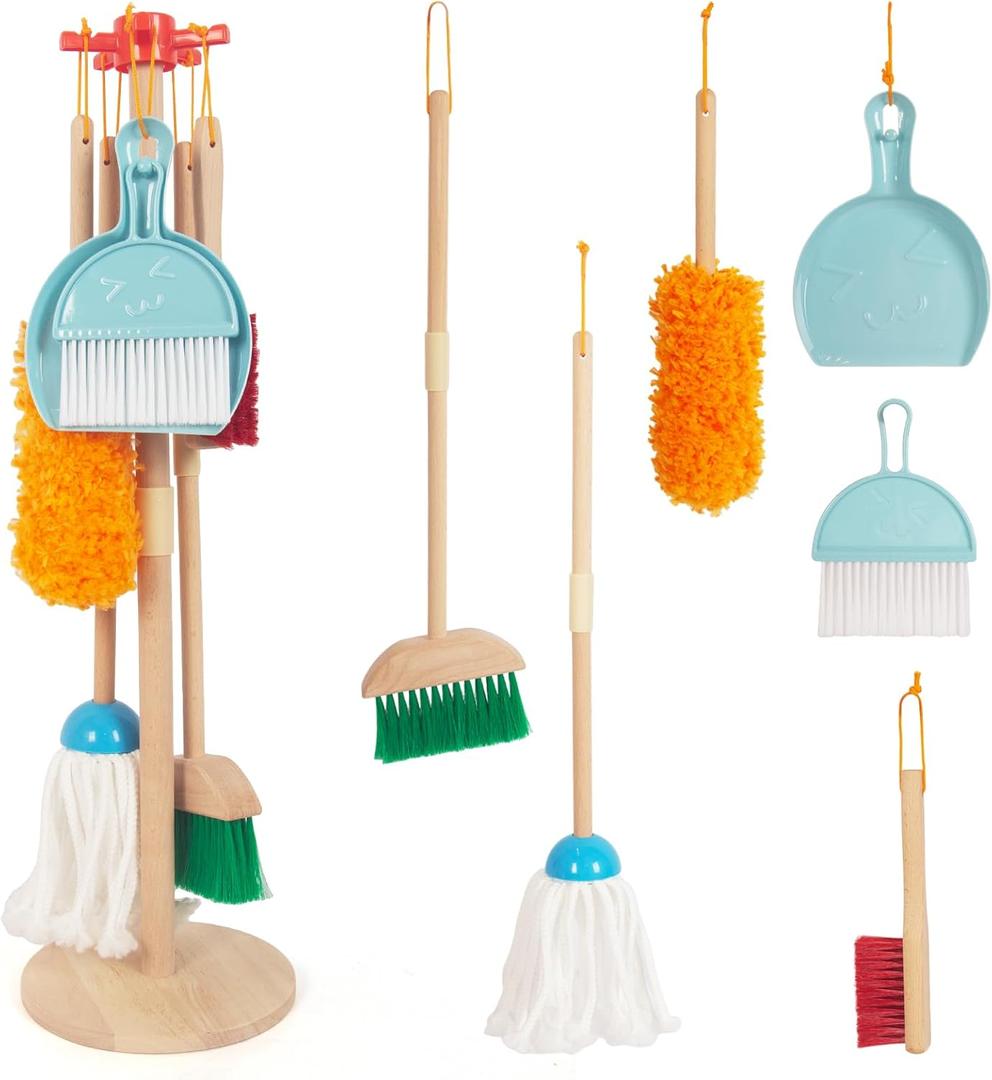 Kids Cleaning Set, Housekeeping Play Set Includes Broom Mop Duster Dustpan Brushes Rag and Organizing Stand, Cleaning Toys Gift for Toddlers Girls Boys Age 3-6, Solid Beech Wood (Blue)