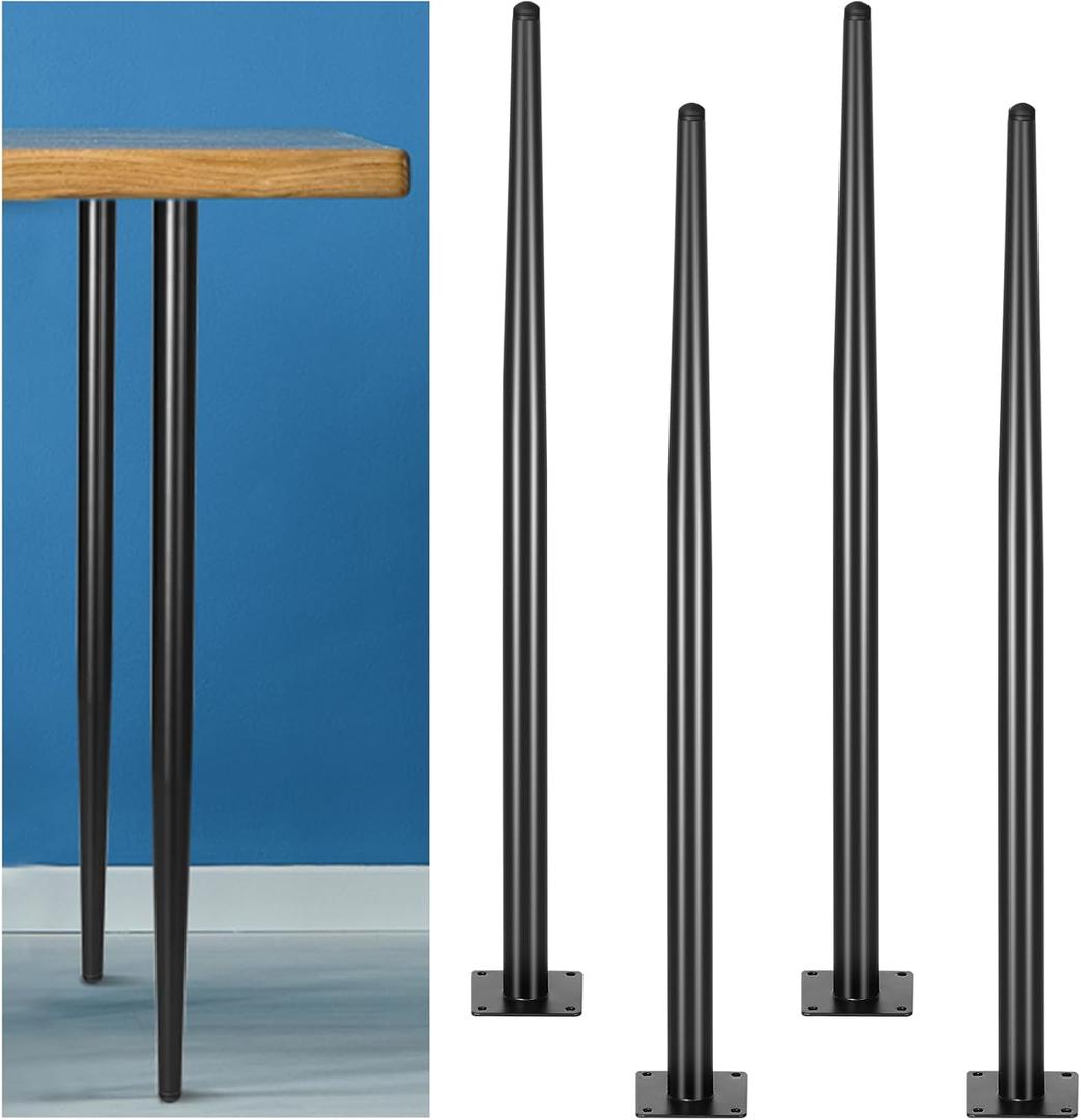 DoubleFill 4 Pack 34 Inch Metal Table Legs Round Tapered Furniture Legs Heavy Duty Replacement Chair Feet with Mounting Screws and Plastic Mats for Sofa Coffee Table Desk Bar DIY Projects, Black