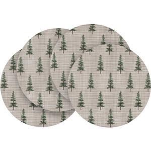 Artoid Mode Christams Green Tree Vinyl Round Placemats Set of 4, 14 Inch Washable Non-Slip Heat Resistant Woven Plastic Table Mats for Party Dining Table