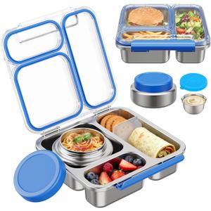 Stainless Steel Bento Box Kids Adult with 7oz Insulated Food Jar, Transparent Lid Metal Lunch Box With Soup Thermal Jar, Lunch Box Container with Removable Divider & Sauce Cup School (Blue)