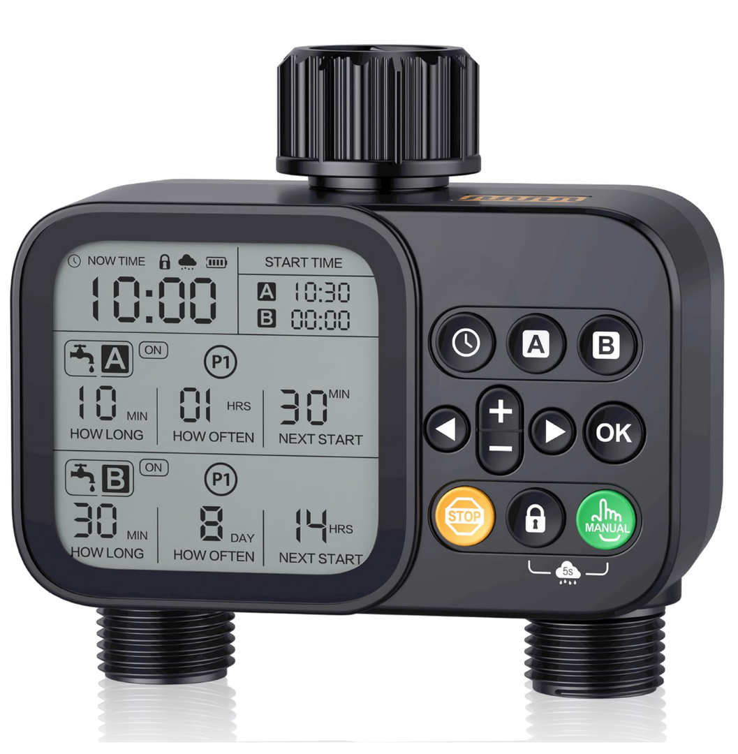 Sprinkler Timer Water Gardens Ponds Kits, 2 Outlet 8 Programmable Water Timer with Rain Delay & Manual/Automatic Modes, Weatherproof Irrigation System for Yard Lawn, Large LCD Display