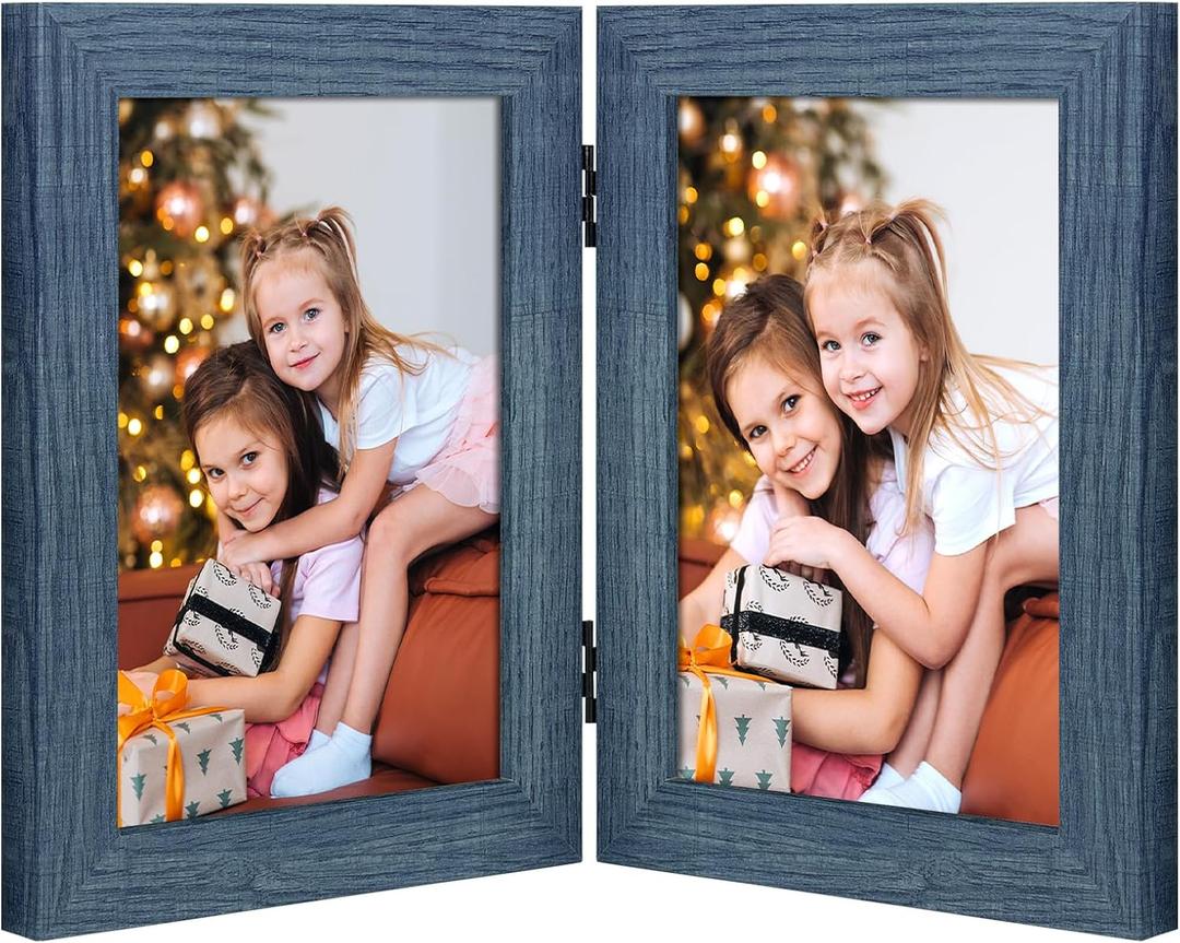 Frametory, 5x7 Double Hinged Picture Frame with Glass Front, Engineered Wood Two Photo Frame Collage for Vertical Display, Side by Side Standing Frame (Blue, 1 Pack)