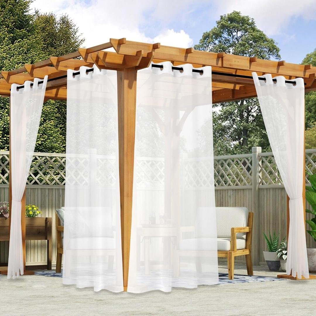 youleyar White Outdoor Sheer Curtains for Patio Waterproof - 2 Panels Linen Look Grommet Curtain Light Filtering Outside Drapes for Living Room, Pergola, Cabana, Gazebo, 52" W x 96" L, White