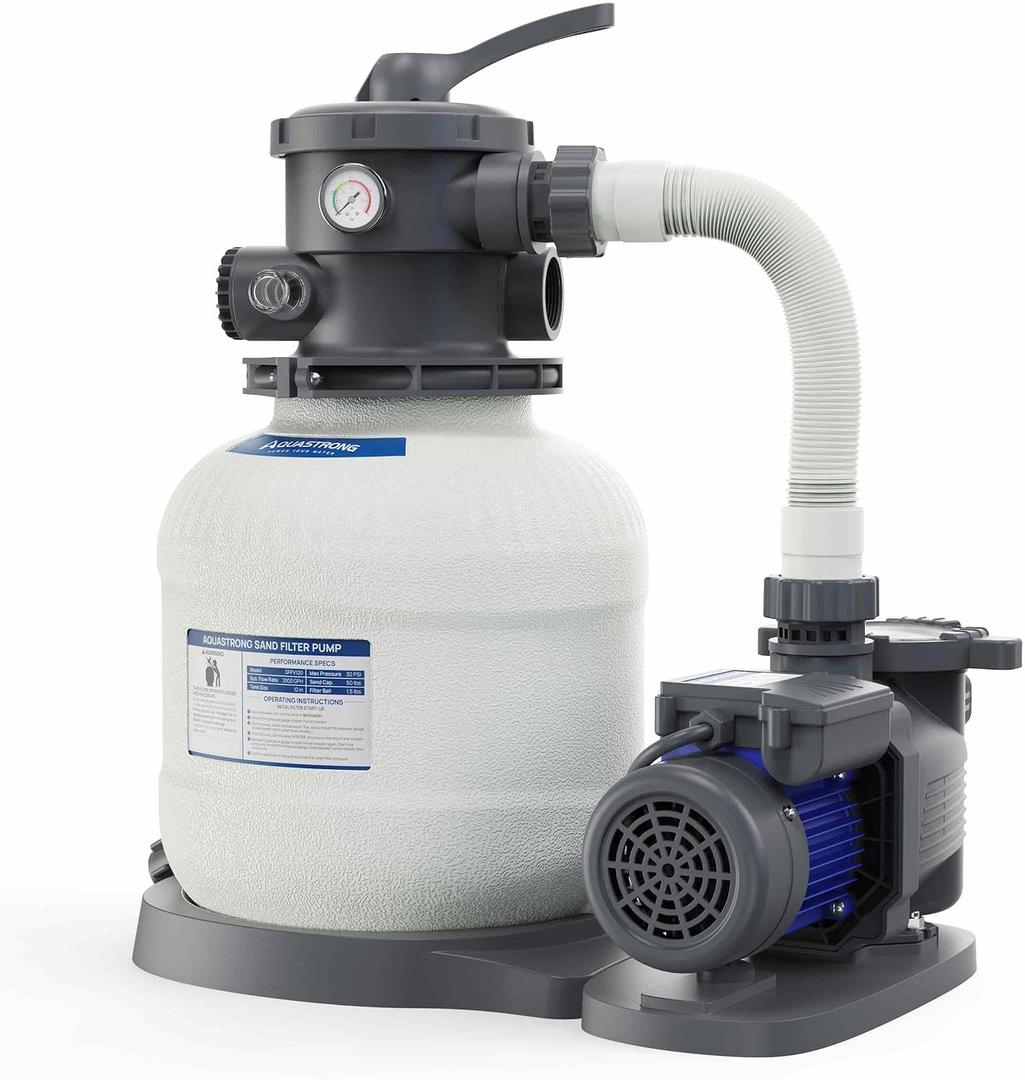 AQUASTRONG Sand Filter Pump for Above Ground Pool, 1/2 HP Pool Pump Above Ground 2500 GPH for Pools up to 9000GAL, 12in Pool Sand Filter with 6-Way Valve, Improved Circulation for Crystal-Clear Pool
