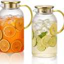 OneDream 2 Pack Glass Pitcher with Lid, 68 oz Heat-Resistant Borosilicate Glass Water Pitcher, Wide Mouth Round Glass Pitcher with Handle, Leak-Proof Silicone-Edged Lid, for Iced Tea, Coffee, Juice
