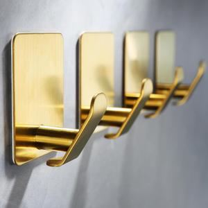 Taozun Adhesive Hooks, Set of 4 Gold Towel Hooks for Hanging Robe, Stainless Steel Coat Hooks Stick on Bathroom or Kitchen Wall