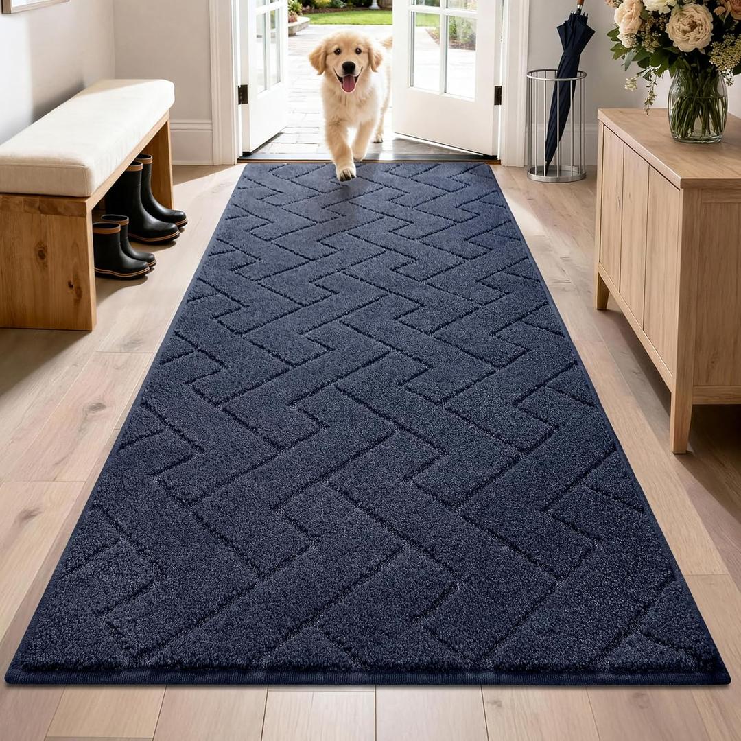 PURRUGS Dirt Trapping Door Mat 32" x 70", Non-Slip Machine Washable Entry Rug, Dog Doormat, Indoor Front Door Mat, Super Absorbent Entryway Rug for Muddy Shoes & Paws, Navy Blue