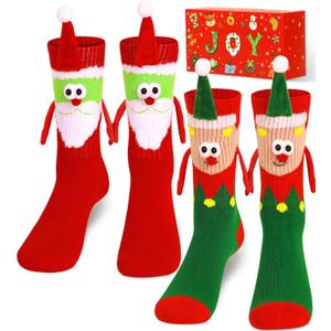 U-Goforst Funny Christmas Socks Magnetic Hand Holding Socks Novelty Crazy Socks White Elephant Gifts for Women Men Couples (One Size, Santa Elf-red_green)