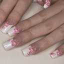 2 x BABALAL White Press on Nails Long,3D Flower Fake Nails Square French Tip False Nail Tips Pink Flower Design Glossy Artificial Nails Supplies Diy Manicure Nails Squoval Artificial Nails for Women (BNDa01)