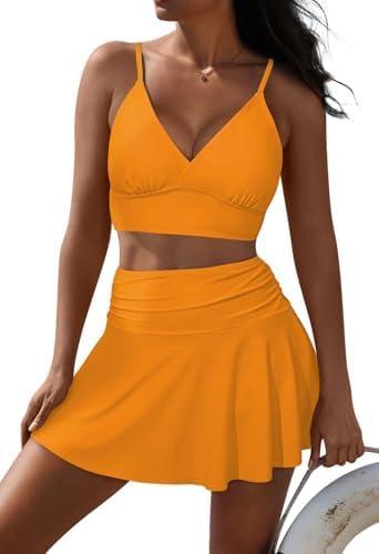 Pink Queen Women's High Waisted Bikini Set Two Piece Swimsuit V Neck Spaghetti Straps Swim Skirt Bathing Suit, XL. Orange