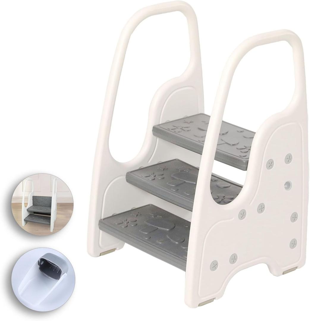 Toddler Step Stool for Bathroom Sink,Adjustable 3 Step Stool for Kids,Kitchen Standing Tower,Children Learning Helper Stool with Safety Handles and Non-Slip Pads,Grey