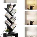 Evermagin 6 Tier Tree Bookshelf with Light, Narrow Bookcase Tower, Tall Floor Standing Book Shelf Organizer with Storage Cabinet for Living Room, Bedroom and Home Office, Black