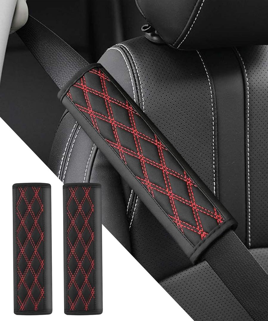 2PCS Seat Belt Cover Pad,Seatbelt Covers,Car Accessories Seatbelt Cushion,Leather Car Seat Strap Pads,Seat Belt Cover,Universal Safety Strap Cover,Car Seat Strap Covers,Fits All Cars (Black&Red)