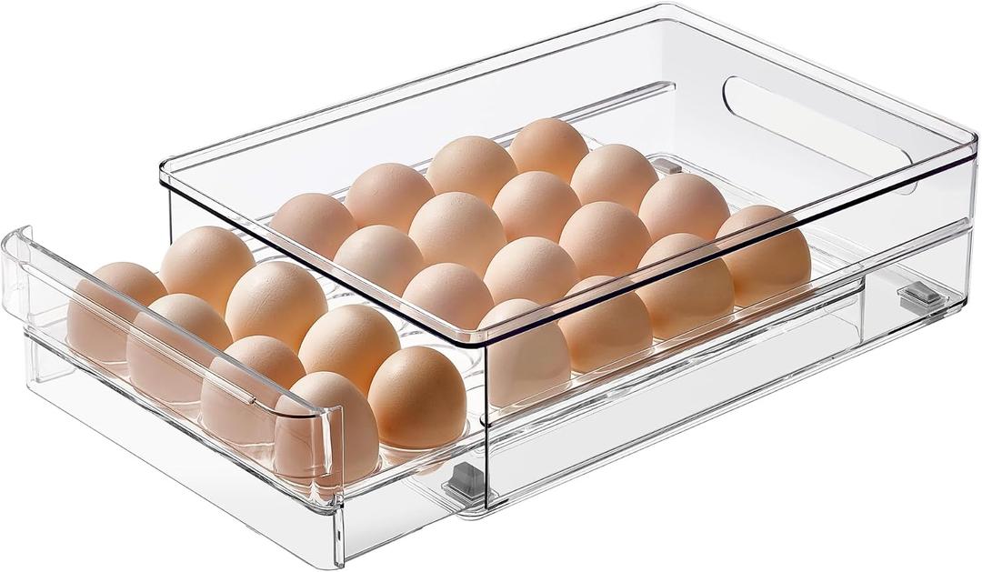 vacane 24 Capacity Egg Holder for Refrigerator Organizer Bins, BPA Free Egg Storage Container with Non-Slip Pads, Space-Saving Egg Tray for Fridge Drawer, 1 Pack-Clear