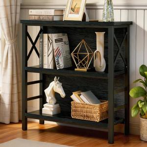 MNEETRUNG Book Shelf, Small 3-Tier Industrial Bookshelf with Strong Metal Frame & Backboard, 29.5" Short Bookcase for Small Spaces, Living Room, Bedroom and Home Office, Black