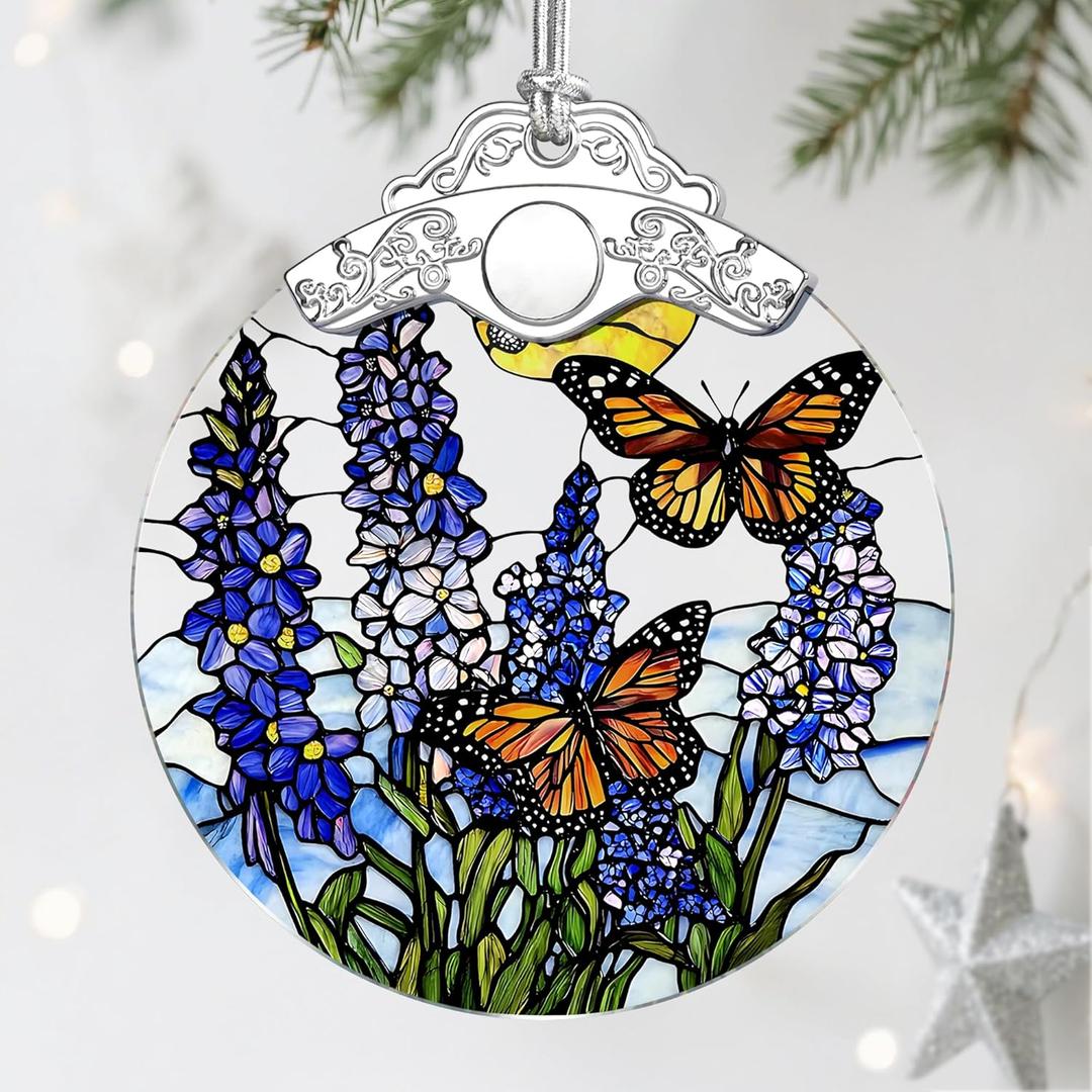 2 x Stained Glass Ornament, Christmas Ornaments, Christmas Decorations for Tree, Holiday Ornament, Gifts for Butterfly Lovers, Holiday Party Gifts, Gift Ideas & Xmas Gift - Lavender with Butterfly