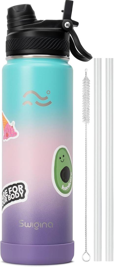 [2-IN-1 LID] Insulated Water Bottle with Silicone Boot (36hrs Cold/18hrs Hot) - DIY Stickers, Leakproof, BPA Free, 24 Oz (Hydrangea)