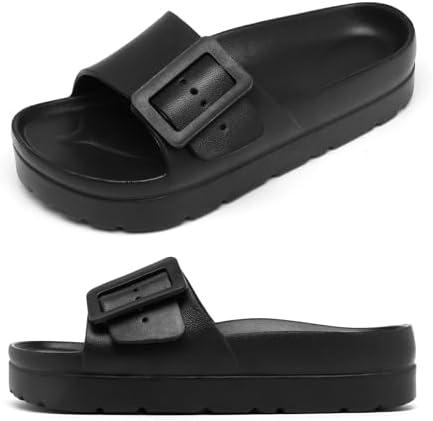Womens Platform Sandals with Arch Support, Adjustable Buckle Beach Sandal Woman Comfort Lightweight Ultra Cushion EVA Slides, Size 8