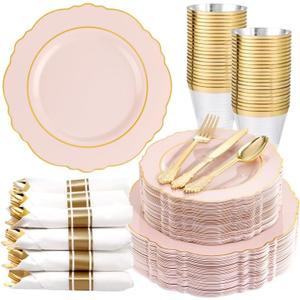 Liacere 350PCS Pink Plates Disposable - Pink and Gold Plates 50guest Baroque Plastic Dinnerware include 100Plates, 50Pack Pre Rolled Napkins with Silverware 50Cups Perfect for WeddingMother's Day