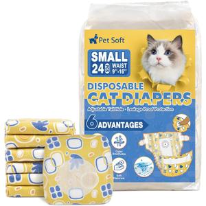 Pet Soft Disposable Cat Diapers - Diaper for Female & Male Cats, Puppy Doggie Diapers for Female Dogs with Adjustable Foam Tail Hole, Small (24Pcs, Yellow)