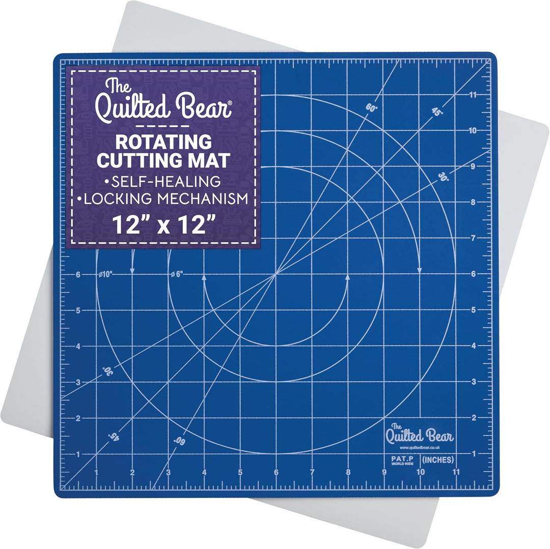 The Quilted Bear Rotating Cutting Mat 12" x 12" - Locking & Rotating Self Healing Cutting Board for Sewing, Fabric & Quilting - 360 Degree Sewing Supplies Mat for Craft Table (Blue)