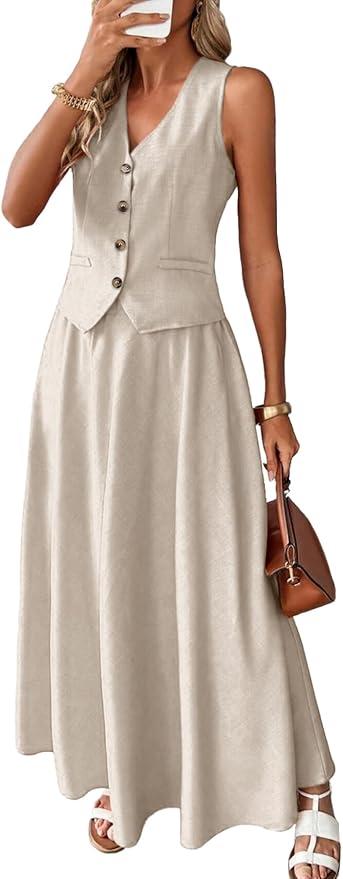 ELLEVEN 2 Piece Linen Sets for Women Summer Outfit,V-Neck Vest Top & Flowy Maxi Skirt, Small