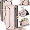 Strapurs Crossbody Wallet Case Compatible with iPhone 17e / iPhone 16e RFID Blocking 7-Card Holder PU Leather Magnetic Snap Shoulder Strap Zipper Pocket Phone Cases for iPhone 17e / 16e - Rose Gold
