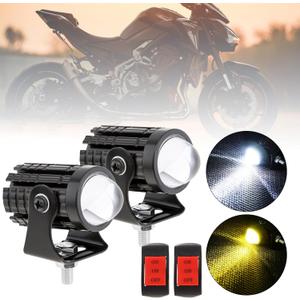 Windance 2pcs 32W LED Motorcycle Headlight with Switch, Yellow White Dual Color Hi/Lo Beam for Motorcycle, 2400LM 3000K 6000K Crash Bar Front Fork Spotlight (Spotlights (2 pack))